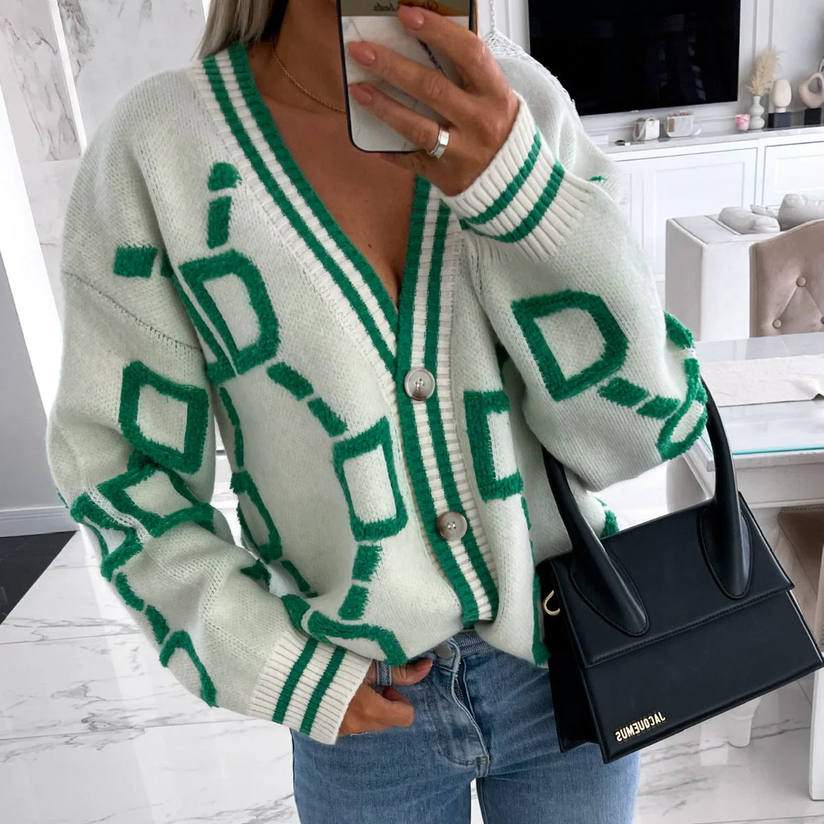 Dames Gebreid Vest – Korte Cardigan met Knopen en Grafisch Motief