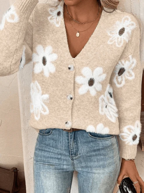 Noor – Gebreide Vest met Bloemenpatroon en Knoopsluiting