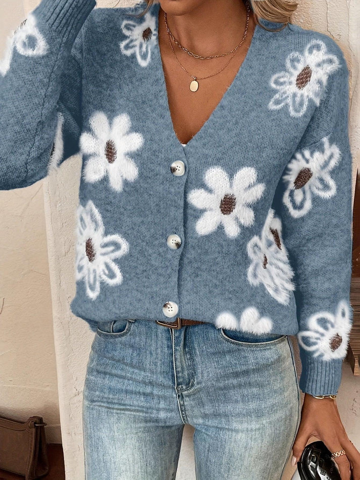 Noor – Gebreide Vest met Bloemenpatroon en Knoopsluiting