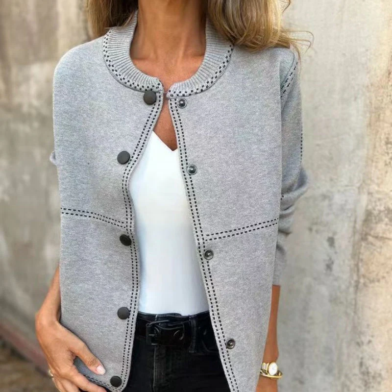 Dames Knitted Cardigan – Fijngebreid Vest met Knoopsluiting en Contrastdetail