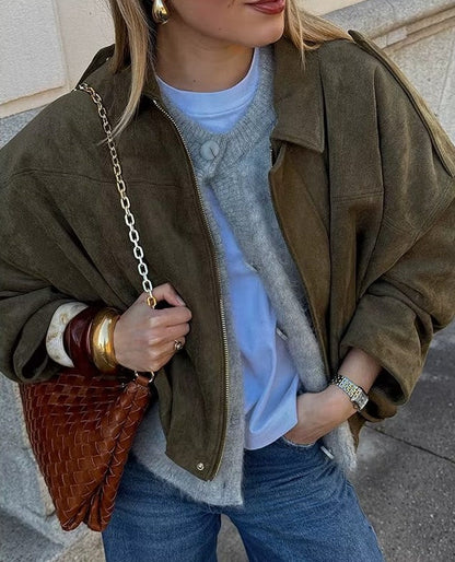 Dames Oversized Bomberjack – Losvallend Suède Look Jasje met Kraag
