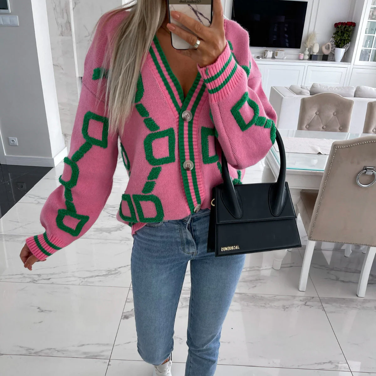 Dames Gebreid Vest – Korte Cardigan met Knopen en Grafisch Motief