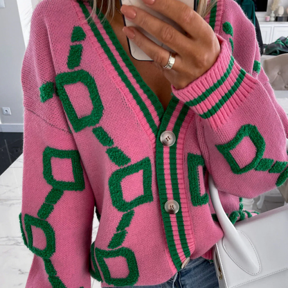 Dames Gebreid Vest – Korte Cardigan met Knopen en Grafisch Motief