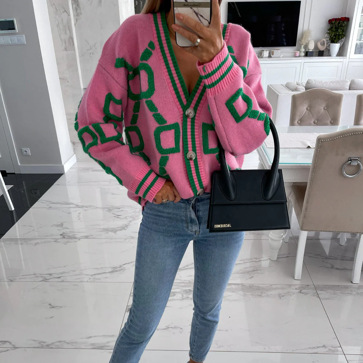 Dames Gebreid Vest – Korte Cardigan met Knopen en Grafisch Motief