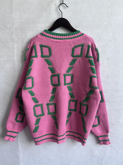 Dames Gebreid Vest – Korte Cardigan met Knopen en Grafisch Motief