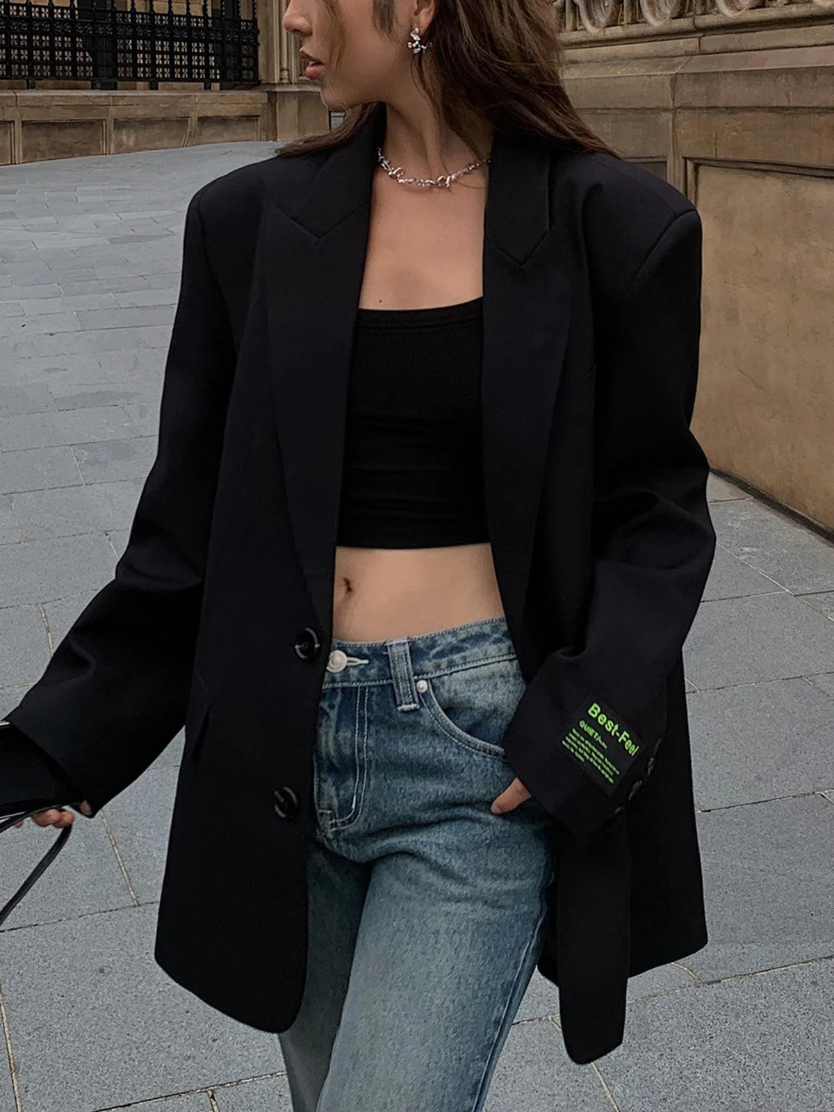 Oversized damesblazer – Rechte snit met knoopsluiting en schoudervulling