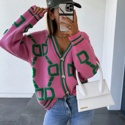 Dames Gebreid Vest – Korte Cardigan met Knopen en Grafisch Motief