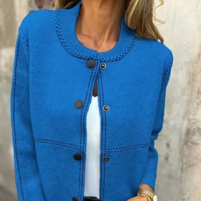 Dames Knitted Cardigan – Fijngebreid Vest met Knoopsluiting en Contrastdetail