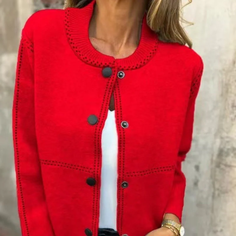 Dames Knitted Cardigan – Fijngebreid Vest met Knoopsluiting en Contrastdetail