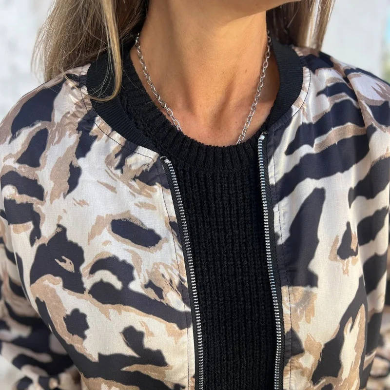Dames Bomberjack – Lichtgewicht Jas met Abstract Dierenpatroon en Ritssluiting