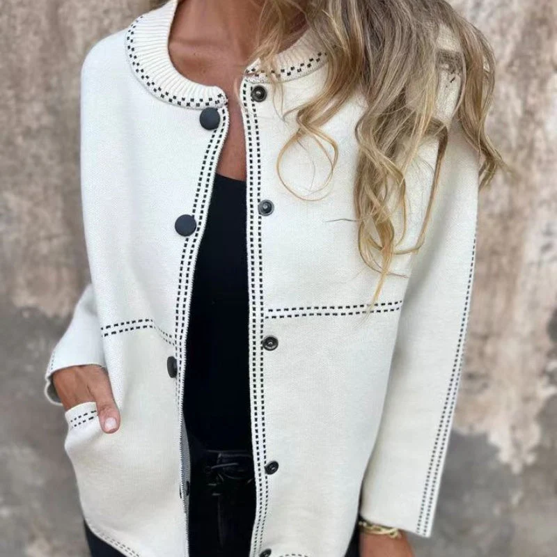 Dames Knitted Cardigan – Fijngebreid Vest met Knoopsluiting en Contrastdetail