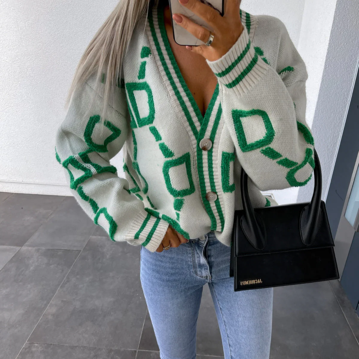 Dames Gebreid Vest – Korte Cardigan met Knopen en Grafisch Motief