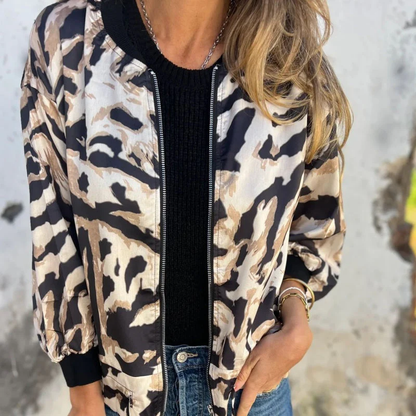 Dames Bomberjack – Lichtgewicht Jas met Abstract Dierenpatroon en Ritssluiting