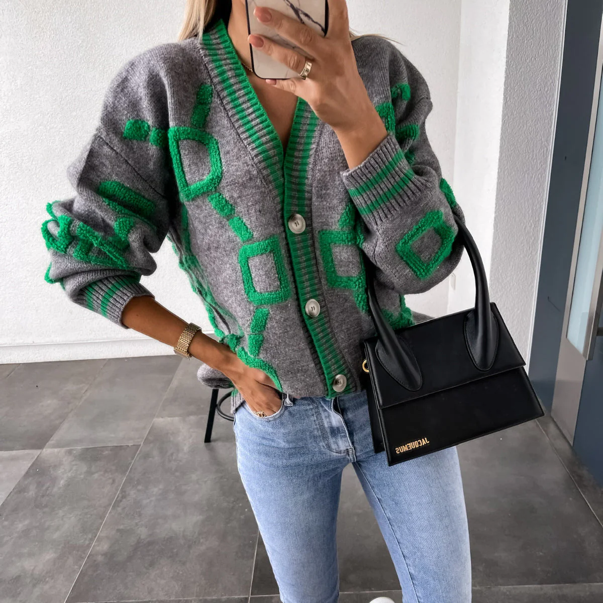 Dames Gebreid Vest – Korte Cardigan met Knopen en Grafisch Motief