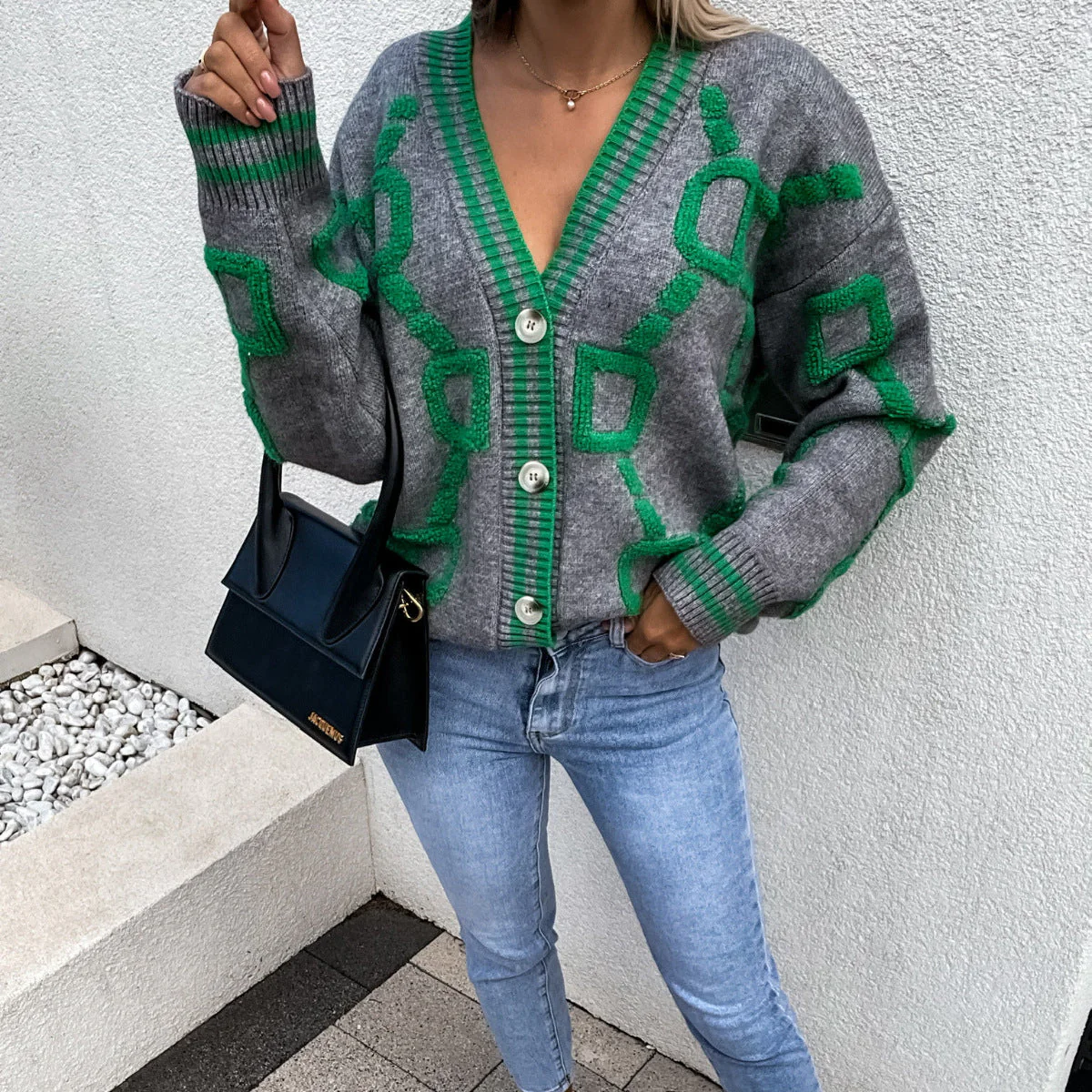 Dames Gebreid Vest – Korte Cardigan met Knopen en Grafisch Motief