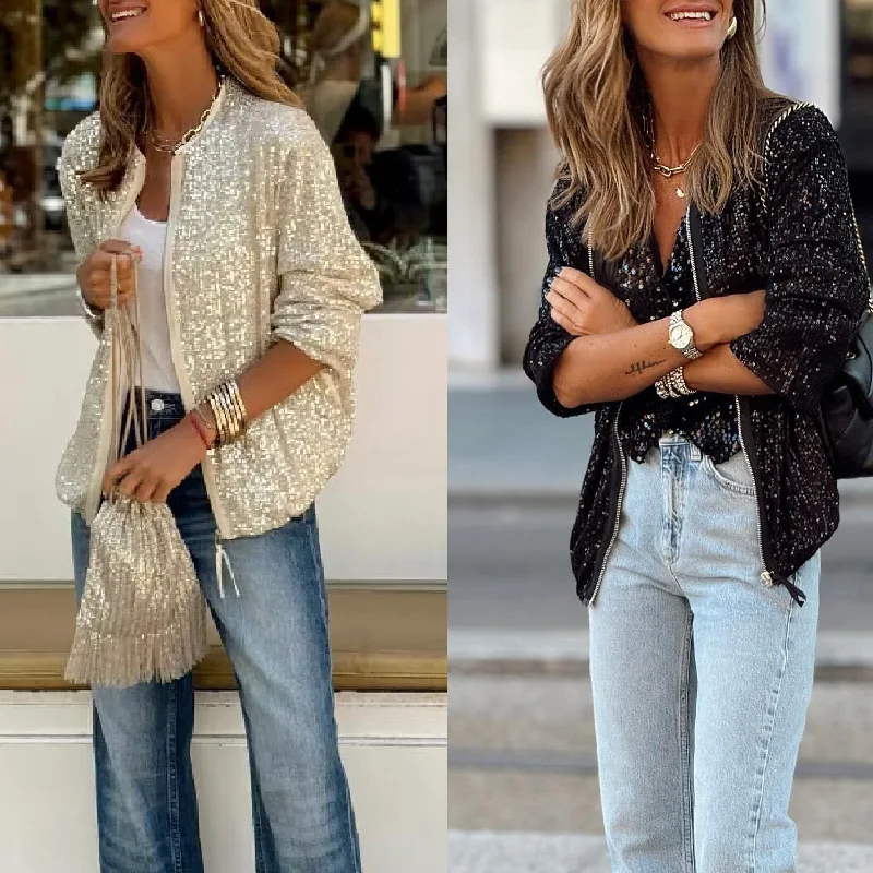 Glanzend Paillettenjack – Casual Bomberstijl met Ritssluiting