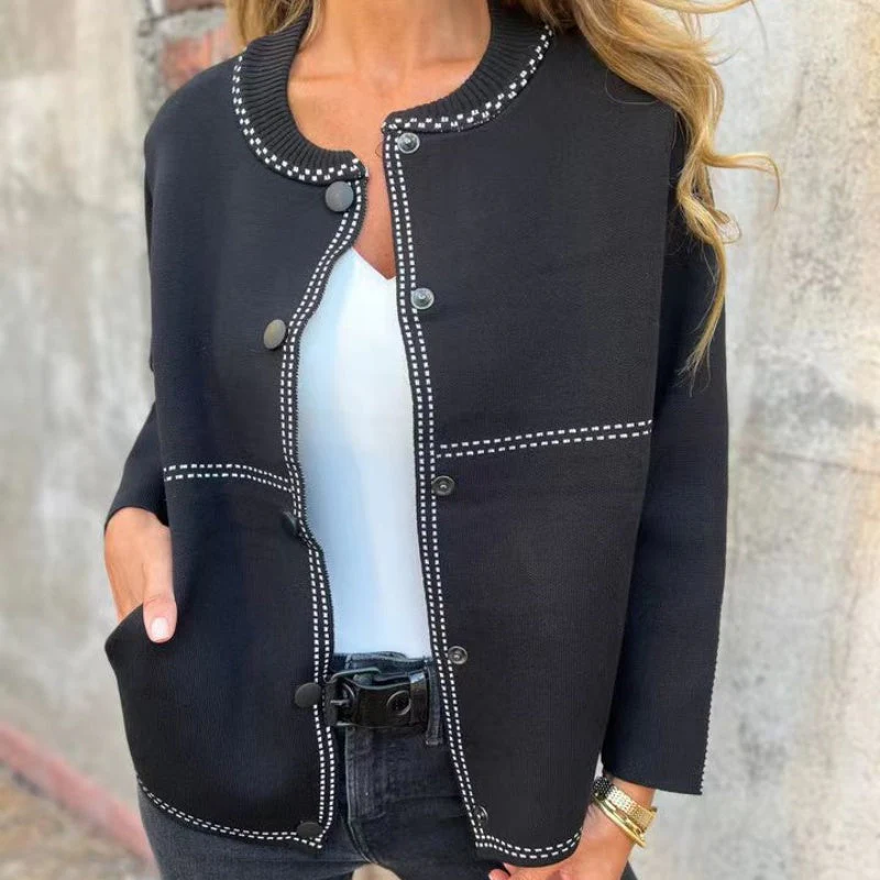 Dames Knitted Cardigan – Fijngebreid Vest met Knoopsluiting en Contrastdetail