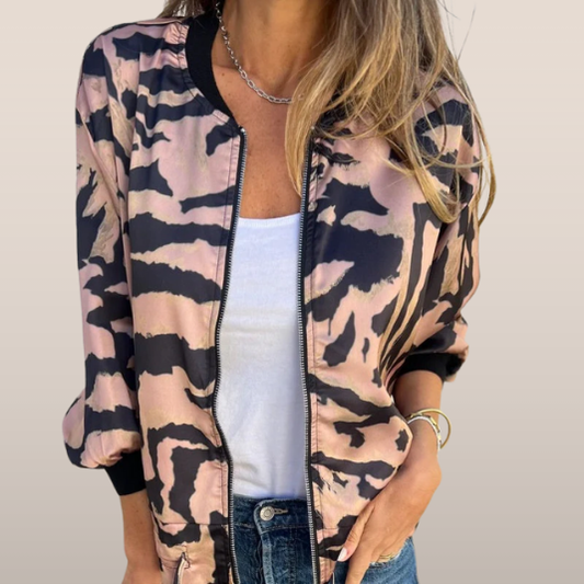 Dames Bomberjack – Lichtgewicht Jas met Abstract Dierenpatroon en Ritssluiting