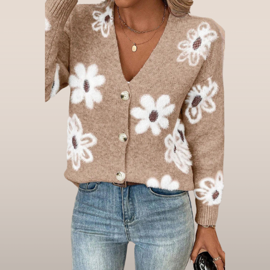 Noor – Gebreide Vest met Bloemenpatroon en Knoopsluiting